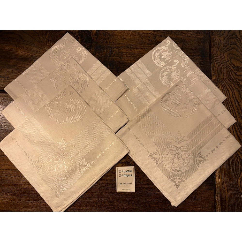 Vintage Set Of 6 IVORY DAMASK Linen Dinner Napkins 15"x15" Japan Party Classic